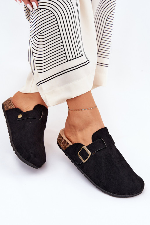 Ladies Slippers and On Platform With Buckle Black Selio