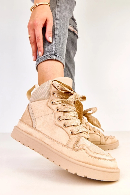 Beżowe sneakersy wysokie z grubymi...