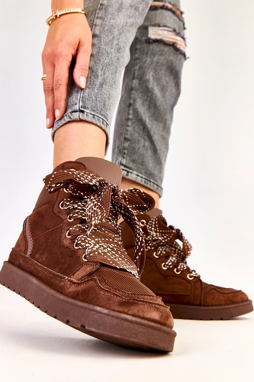 Brązowe sneakersy wysokie z grubymi...