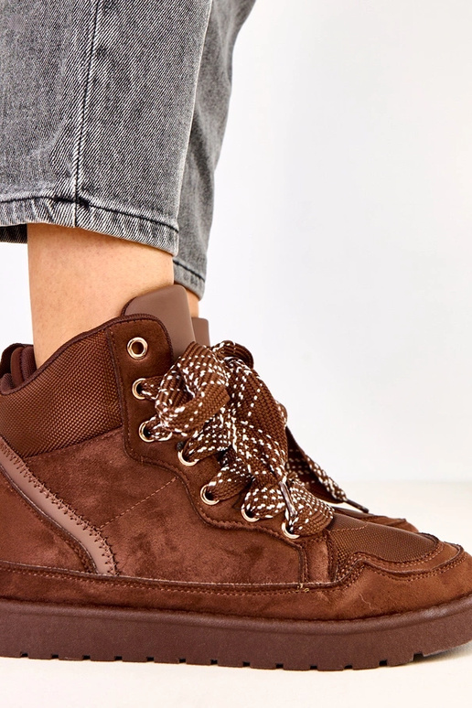 Brązowe sneakersy wysokie z grubymi...