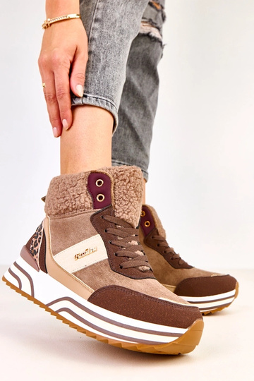 Brązowe sneakersy wysokie ocieplane z kożuszkiem Mirasen