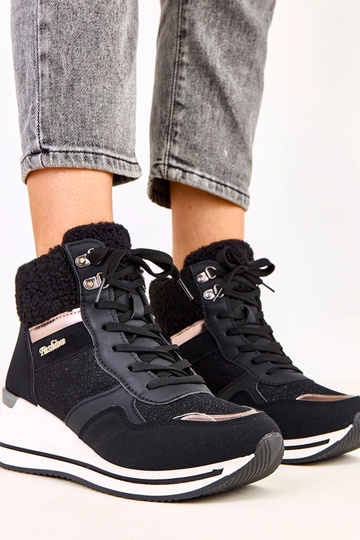 Czarne sneakersy wysokie ocieplane na koturnie Rolinda