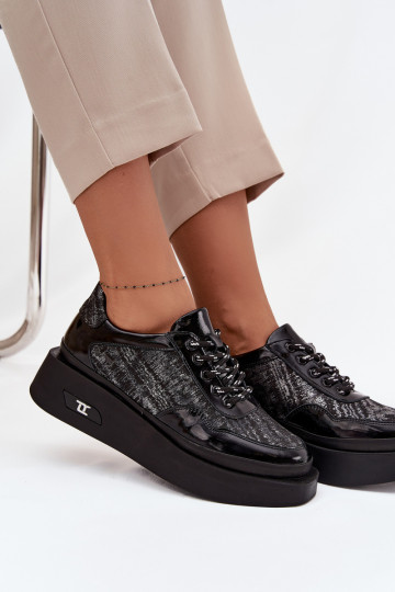Leather Lace-Up Women's Shoes On Platform Artiker 57C2043 Black-Silver