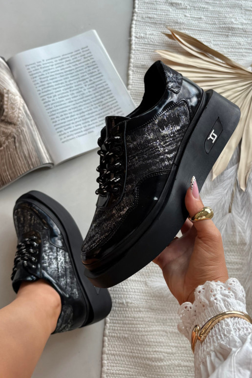 Skórzane Sznurowane Półbuty Damskie Na Platformie Artiker 57C2043 Czarno-Srebrne