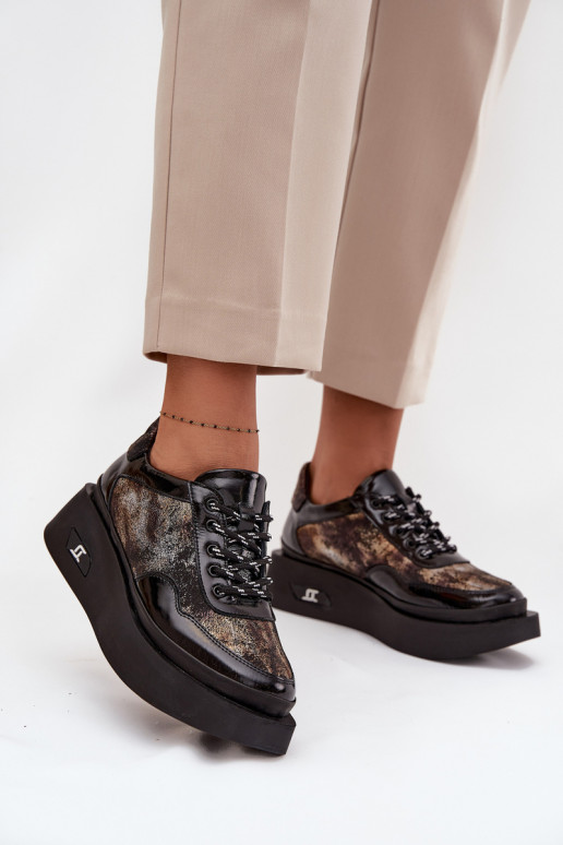 Skórzane Sznurowane Półbuty Damskie Na Platformie Artiker 57C2042 Czarno-Złote