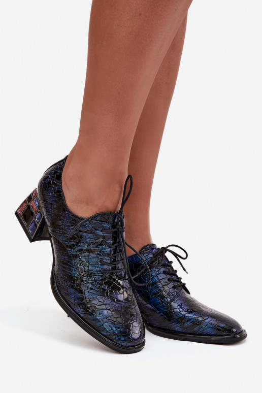 Leather Patent Ladies' Low Heeled Shoes with Crystals Artiker 55C0428 Navy Blue