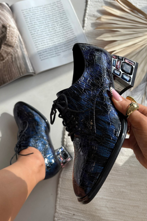 Leather Patent Ladies' Low Heeled Shoes with Crystals Artiker 55C0428 Navy Blue