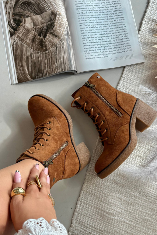 Ocieplane Botki Damskie Ze Sznurowaniem I Suwakami Camel Paressa