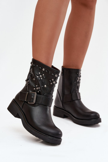 Embellished Women's Ankle Boots with Buckle Black Mivana 2