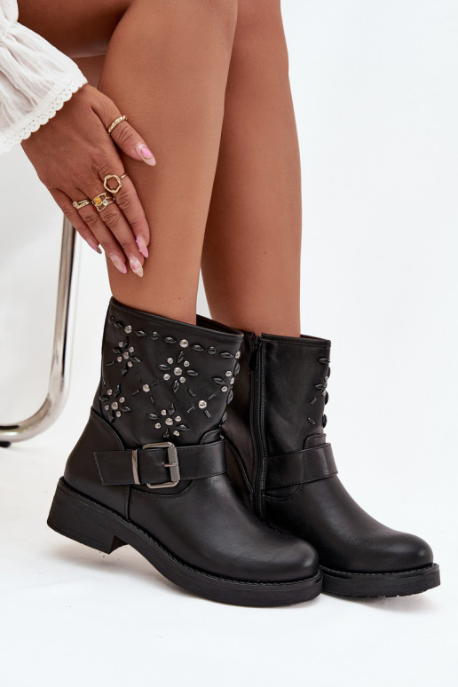 Embellished Women's Ankle Boots with Buckle Black Mivana
