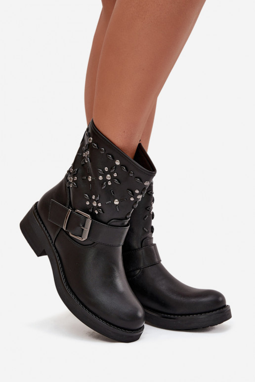 Embellished Women's Ankle Boots with Buckle Black Mivana