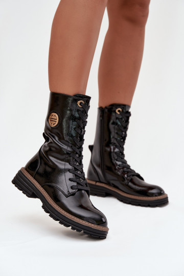 Patent leather women's work boots with gold detail insulated black Dorialine 2