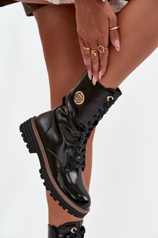 Patent leather women's work boots with gold detail insulated black Dorialine