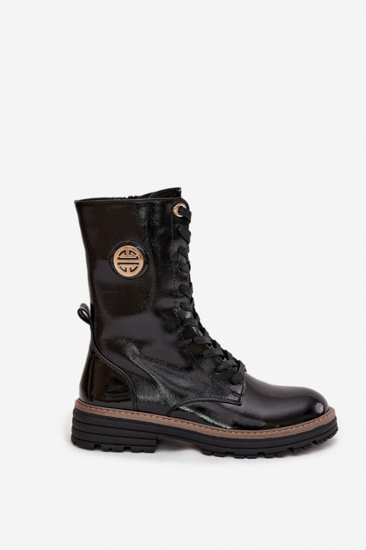 Patent leather women's work boots with gold detail insulated black Dorialine