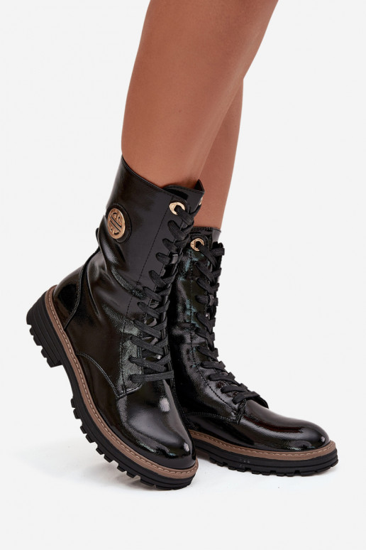 Patent leather women's work boots with gold detail insulated black Dorialine