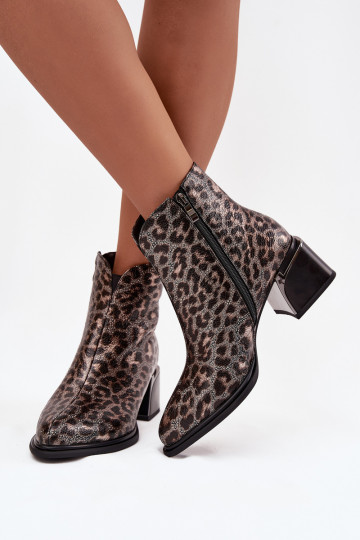 Leather Women's Block Heel Boots with Lining Leopard Pattern D&A CR52-622 Black-Gold