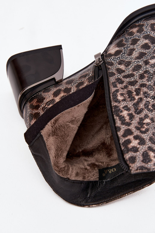 Leather Women's Block Heel Boots with Lining Leopard Pattern D&A CR52-622 Black-Gold