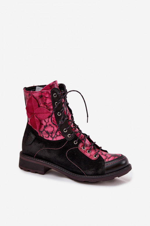 [Leather Women's Boots Made of Natural Leather Flat Heel Maciejka 07004-23 Black-Pink]