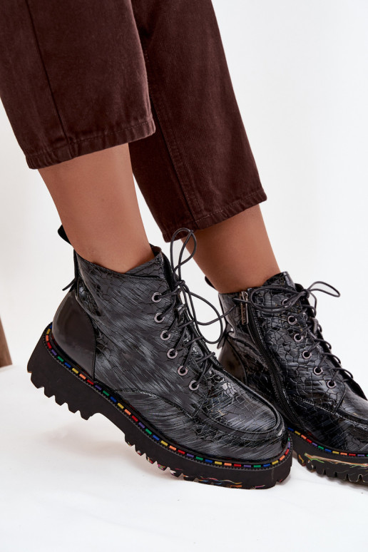 Skórzane Lakierowane Botki Damskie Artiker 57C0065 Szare