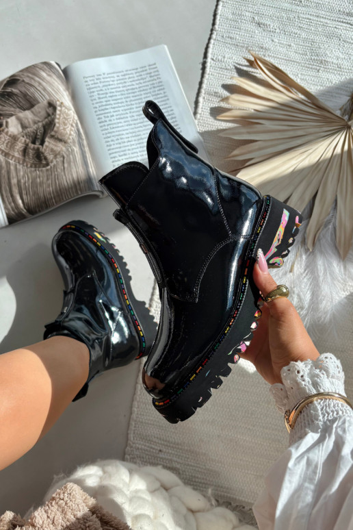 Skórzane Lakierowane Botki Damskie Artiker 57C0065 Szare