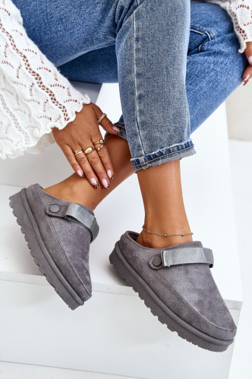 Damskie Kapcie Ocieplane Futerkiem Na Platformie Szare Azida