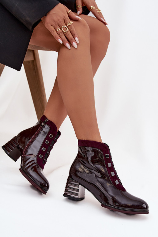 Patent Leather Women's Ankle Boots Made of Genuine Leather On Heel D&A CR52-696 Burgundy