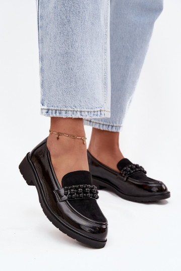 Women's Patent Loafers With Beads S.Barski HY52-541 Black