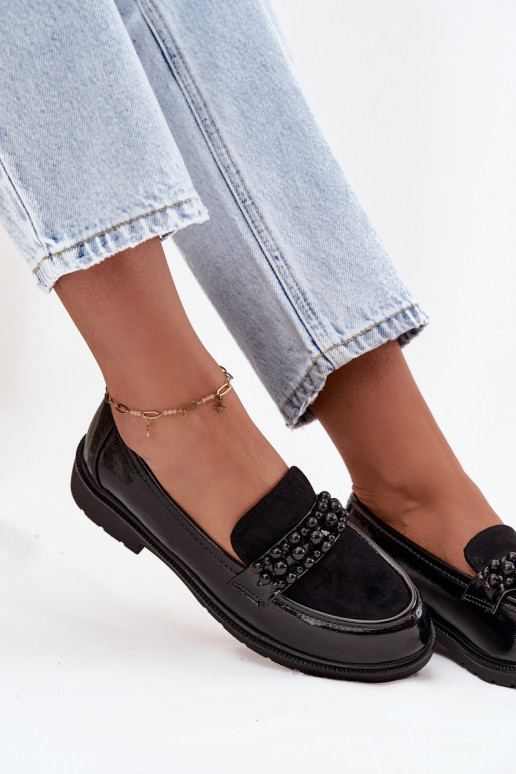 Women's Patent Loafers With Beads S.Barski HY52-541 Black