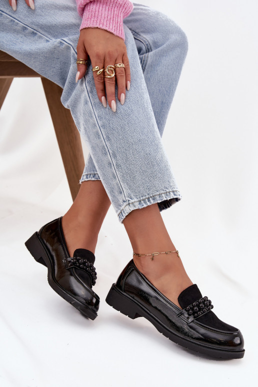 Women's Patent Loafers With Beads S.Barski HY52-541 Black