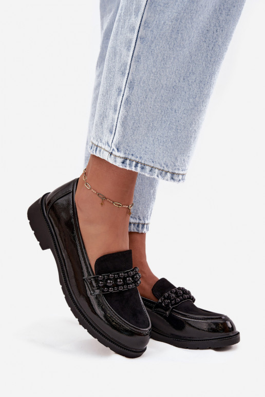 Women's Patent Loafers With Beads S.Barski HY52-541 Black