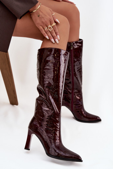 Leather Lacquered Women's Boots Heeled Lined D&A CR52-716 Burgundy