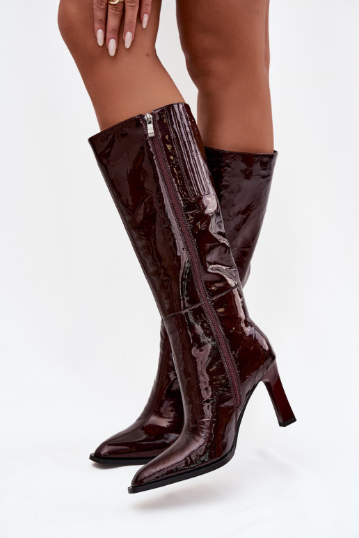 Leather Lacquered Women's Boots Heeled Lined D&A CR52-716 Burgundy