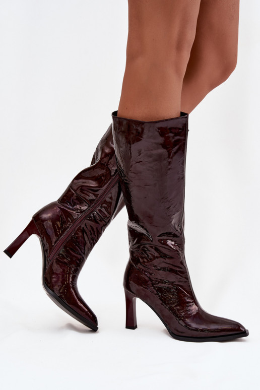 Leather Lacquered Women's Boots Heeled Lined D&A CR52-716 Burgundy