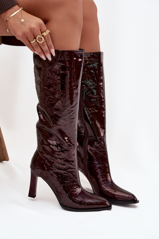 Leather Lacquered Women's Boots Heeled Lined D&A CR52-716 Burgundy