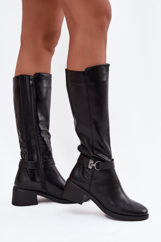 Ocieplane Women's Boots On Block Heel With Strap Sergio Leone KZ25826 Black Ocieplane Women's Boots On Block Heel With Strap Sergio Leone KZ25826 Black