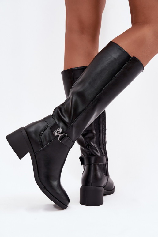 Ocieplane Women's Boots On Block Heel With Strap Sergio Leone KZ25826 Black Ocieplane Women's Boots On Block Heel With Strap Sergio Leone KZ25826 Black