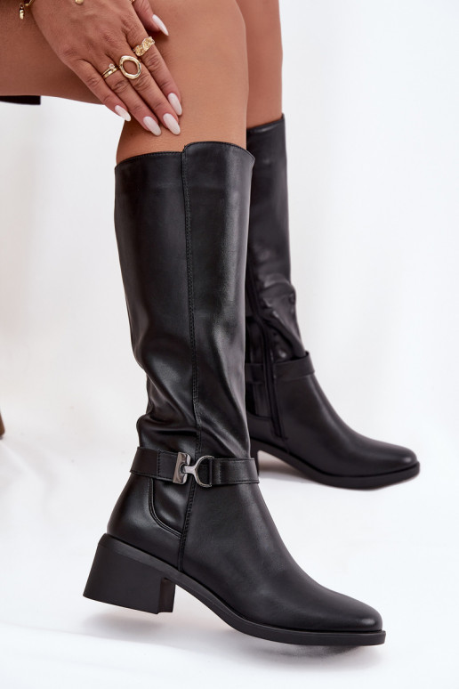 Ocieplane Women's Boots On Block Heel With Strap Sergio Leone KZ25826 Black Ocieplane Women's Boots On Block Heel With Strap Sergio Leone KZ25826 Black