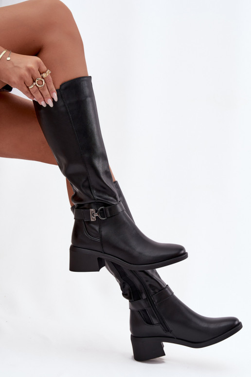 Ocieplane Women's Boots On Block Heel With Strap Sergio Leone KZ25826 Black Ocieplane Women's Boots On Block Heel With Strap Sergio Leone KZ25826 Black