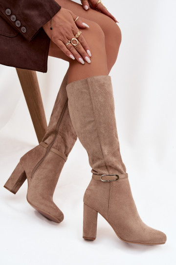 Women's High Heel Boots with Gold Buckle Insulated Beige Seraphine