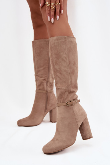 Women's High Heel Boots with Gold Buckle Insulated Beige Seraphine 2