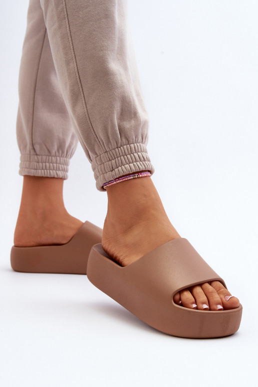 Damskie Klapki Na Grubej Podeszwie Brązowe Oreithano