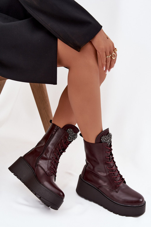 Leather Women's Ankle Boots with Decoration Lined Bordeaux Ulrika