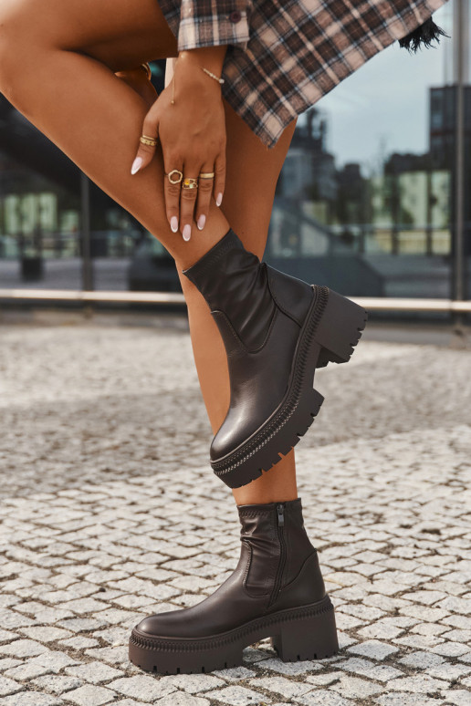 Botki Damskie Na Masywnym Obcasie I Platformie Eko Skórzane Brązowe Elvianne