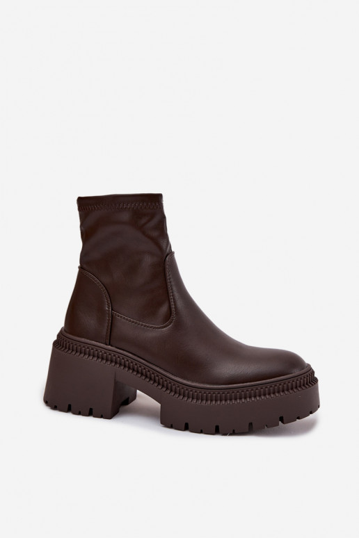 Botki Damskie Na Masywnym Obcasie I Platformie Eko Skórzane Brązowe Elvianne