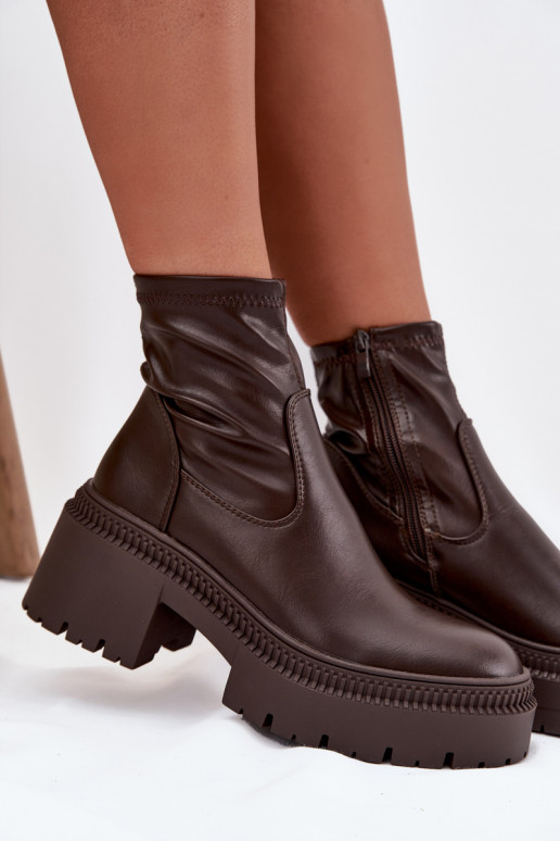 Botki Damskie Na Masywnym Obcasie I Platformie Eko Skórzane Brązowe Elvianne