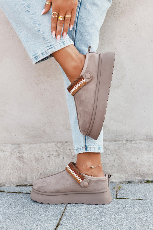 Women's Low Snow Boots With Movable Strap And Embroidery On Platform Dark Beige Lyrisse Women's Low Snow Boots With Movable Strap And Embroidery On Platform Dark Beige Lyrisse