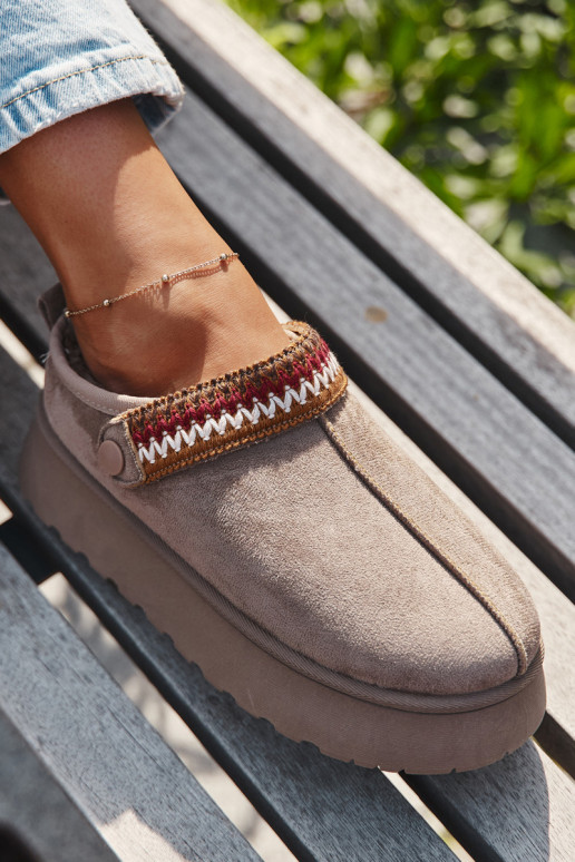 Women's Low Snow Boots With Movable Strap And Embroidery On Platform Dark Beige Lyrisse Women's Low Snow Boots With Movable Strap And Embroidery On Platform Dark Beige Lyrisse