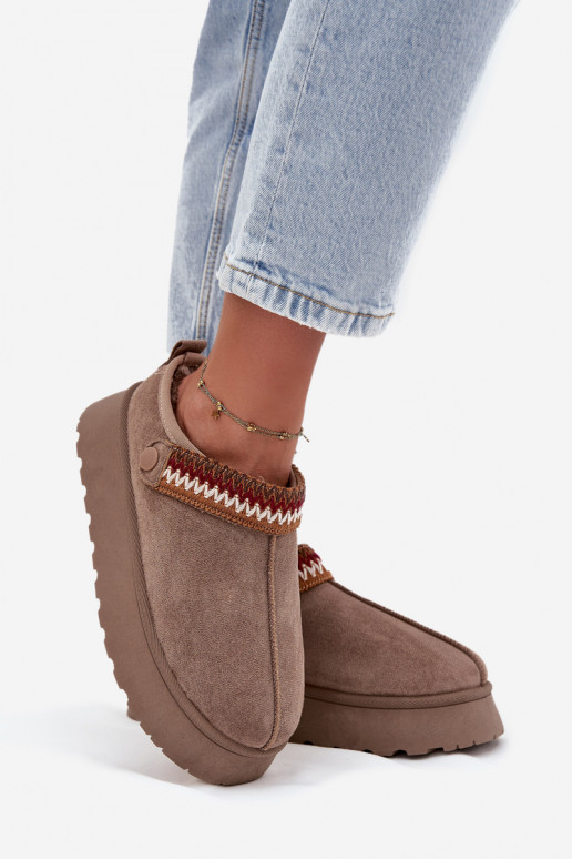 Women's Low Snow Boots With Movable Strap And Embroidery On Platform Dark Beige Lyrisse Women's Low Snow Boots With Movable Strap And Embroidery On Platform Dark Beige Lyrisse