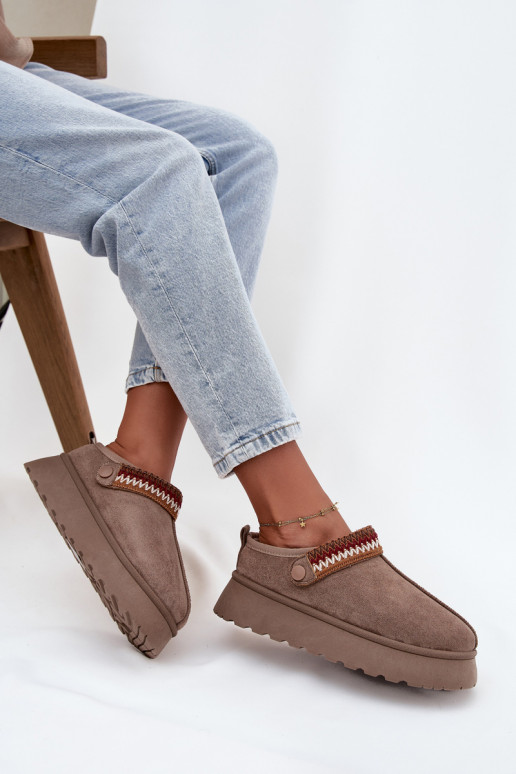 Women's Low Snow Boots With Movable Strap And Embroidery On Platform Dark Beige Lyrisse Women's Low Snow Boots With Movable Strap And Embroidery On Platform Dark Beige Lyrisse