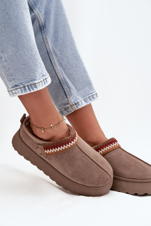 Women's Low Snow Boots With Movable Strap And Embroidery On Platform Dark Beige Lyrisse Women's Low Snow Boots With Movable Strap And Embroidery On Platform Dark Beige Lyrisse